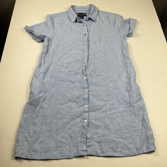 Tahari Linen Shirtdress Small Blue Button Front Casual Minimalist Resort Pockets - Picture 1 of 10